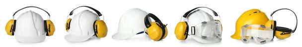 Collage van koptelefoon van de bouwer met hoeden en brillen op witte achtergrond - Foto, afbeelding