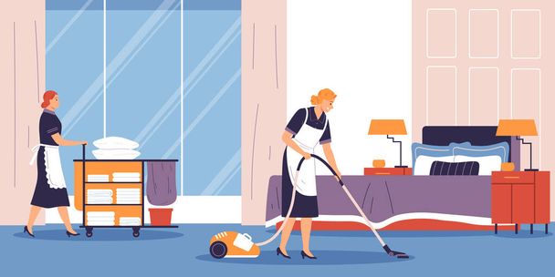 Reinigung von Hotelzimmern Hintergrund mit Service-Symbolen flache Vektorillustration - Vektor, Bild