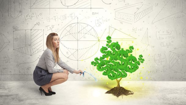 ビジネス女性の緑のドル記号木の成長に水をまく - 写真・画像