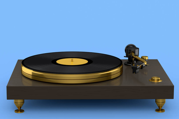 Vinyl record player or DJ turntable with retro vinyl disk on blue background. 3d render of sound equipment and concept for sound entertainment. - 写真・画像