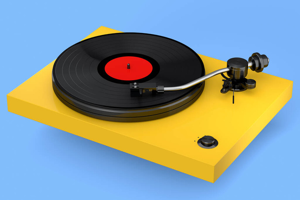 Vinyl record player or DJ turntable with retro vinyl disk on blue background. 3d render of sound equipment and concept for sound entertainment. - Fotoğraf, Görsel