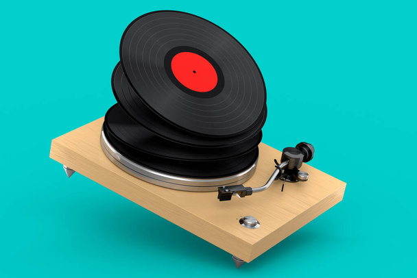 Vinyl record player or DJ turntable with flying vinyl plate on green background. 3d render of sound equipment and concept for sound entertainment. - Foto, Imagem