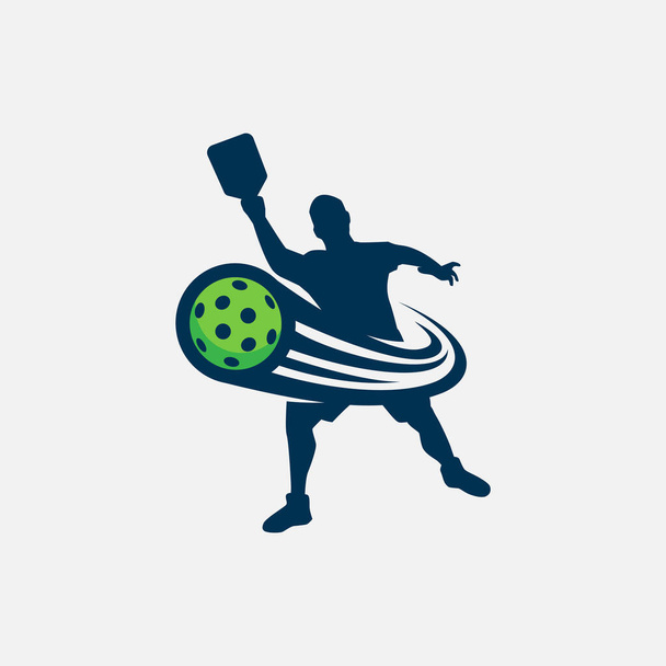 grafica vettoriale di una silhouette da giocatore di pickleball maschile e una palla mobile dinamica per pubblicità, logo, banner, post sui social media, ecc. - Vettoriali, immagini