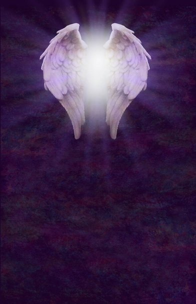 Rustic Angel Blessing Message Banner Upright A4 - Ζεύγος φτερά αγγέλου σε λευκό φως σκάσει πάνω σε ένα πλούσιο σκούρο μωβ πέτρα υφή φόντο με αντίγραφο χώρο κάτω - Φωτογραφία, εικόνα