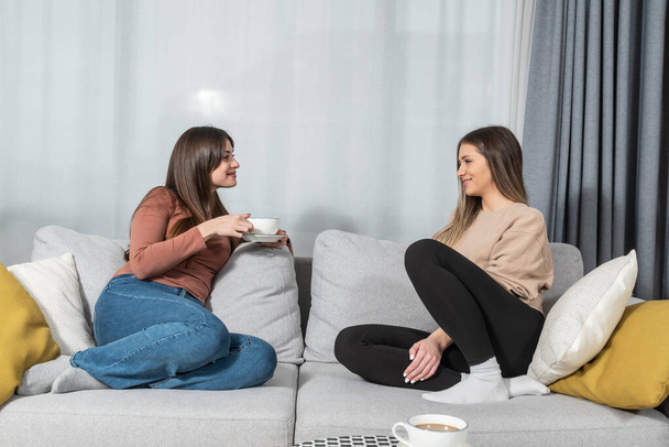 Two happy young female friends with coffee cups enjoying a conversation in the living room at home, talking about life success and men. - 写真・画像