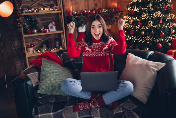 Full size portrait of astonished positive girl raise fists success shout yes use netbook enjoy christmastime indoors. - Zdjęcie, obraz