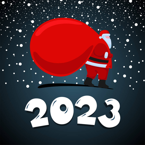 Санта-Клаус мультфильм персонаж приходит и несет большие тяжелые подарки красный мешок. Открытки поздравления с Новым 2023 годом и Рождеством на ночном фоне. Иллюстрация векторного календаря - Вектор,изображение