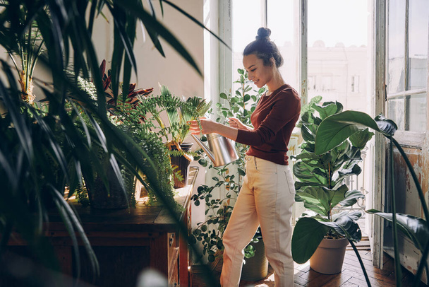 Beautiful young woman watering houseplants while standing at the domestic room - Foto, Imagem