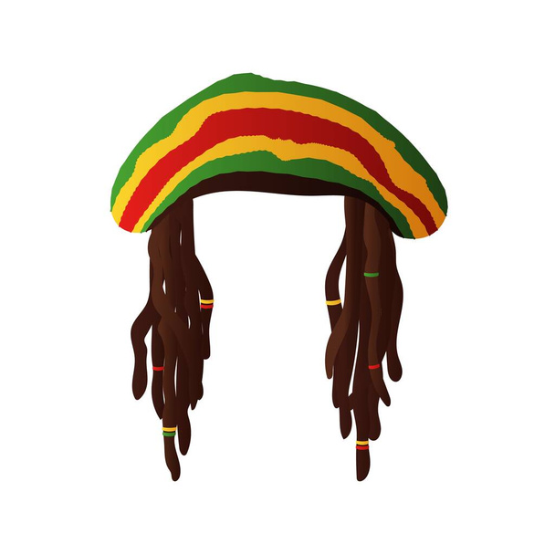 Rastaman hoed pruik met dreadlocks. Reggae baret met gele en groene strepen als symbool van rastafariaanse bewegingsvrijheid - Vector, afbeelding