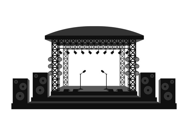Musikbühne mit Lautsprechern und Mikrofonen. Präpariertes Podium mit schwarzem Dach und Scheinwerfern für akustische Konzerte und Vektorauftritte - Vektor, Bild