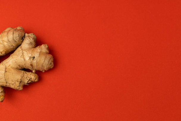 Ginger root on a red background - Foto, Imagem