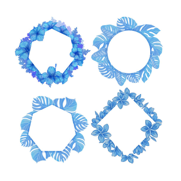 Set aus Aquarell Blatt und Blume Rahmen, Blaue Blätter Cliparts. - Vektor, Bild