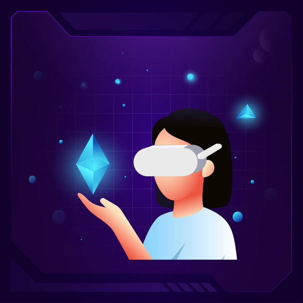 Een meisje met VR bril verkennen Cryptogeld symbolen -vector 3d pictogram ontwerp - Vector, afbeelding