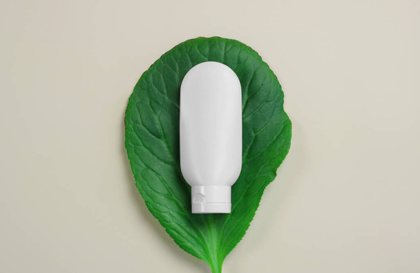 White plastic tube with hand, face, body cream on a large green leaf. Beauty skin care product template. White tube on a green leaf - Photo, image
