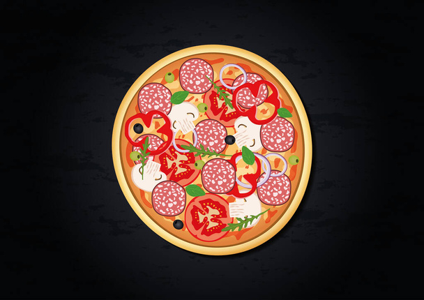 Ilustración vectorial de pizza redonda sabrosa aislada sobre fondo negro - Vector, Imagen