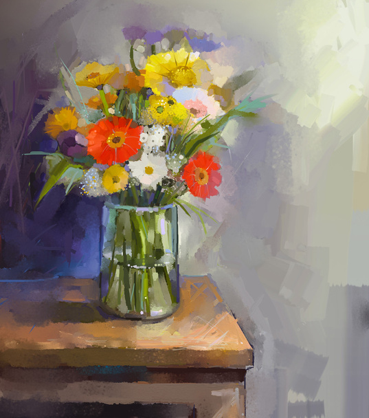 Glass vase with bouquet gerbera flowers. Oil painting - Foto, afbeelding
