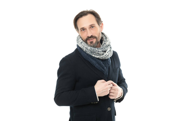 cheerful guy winter fashion with warm clothes. mature guy in winter warm clothes. guy wear winter warm clothes isolated on white background. studio shot of guy wearing warm clothes. - Fotoğraf, Görsel