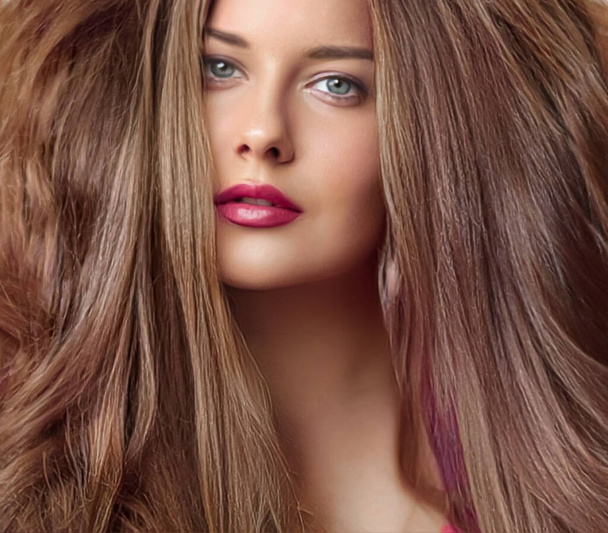 Frisur, Schönheit und Haarpflege, schöne Frau mit langen natürlichen braunen Haaren, Glamour-Porträt für Friseursalon und Friseurmarke - Foto, Bild