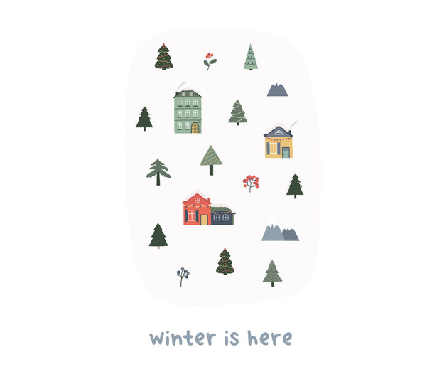 Śliczna zimowa mapa z małymi domkami, choinkami. Ręcznie rysowane doodle rysunek xmas dziecinne wektor ilustracja w płaskim stylu dla dzieci t koszulka, druk karty - Wektor, obraz