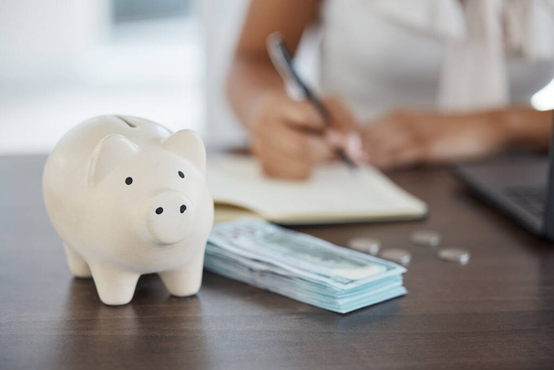 Piggy bank, money and woman mortgage loan savings planning or wealth growth economy. Finance accounting worker, retirement investment insurance and budget security strategy development in office. - Photo, Image
