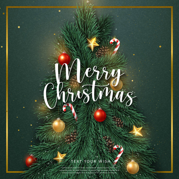 Wesołych Świąt kompozycja 3D realistyczna sosna jodła dekoracja trzciny cukrowej bombka i ozdoby gwiazdy - Wektor, obraz