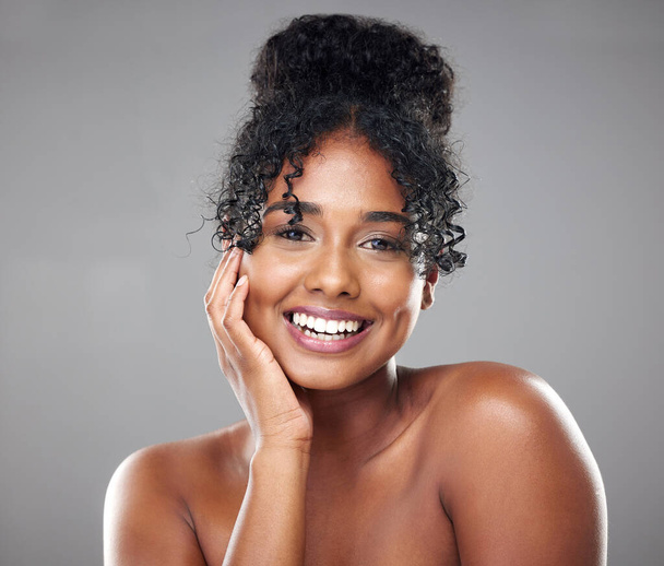 Beauty, skincare and woman smile for natural skin glow, dermatology and wellness in mockup studio background. Face of a happy, relax and black model excited about facial care, wellness of cosmetics. - Foto, Imagem
