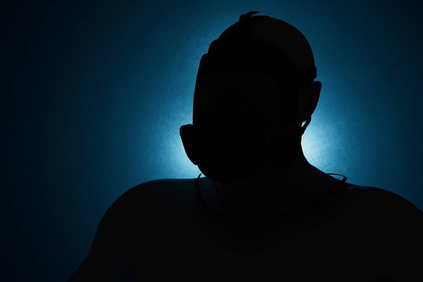 la silhouette nera di un uomo in maschera illuminata da luce blu al neon su fondo nero. Rendering 3D. - Foto, immagini