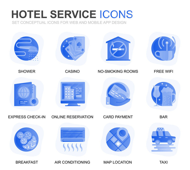 Modern Set Hotel Services Gradient Flat Icônes pour le site Web et les applications mobiles. Contient des icônes telles que bagage, réception, service d'étage, centre de remise en forme. Icône plate de couleur conceptuelle. Emballage de pictogramme vectoriel
. - Vecteur, image