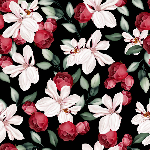 Elegant seamless pattern with peonies, roses and eucalyptus leaves. Illustration - Foto, imagen