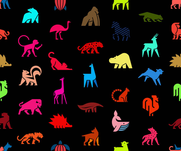 Seamless pattern with Animals logos. Animal logo set. Isolated on Black background - Vector, Image