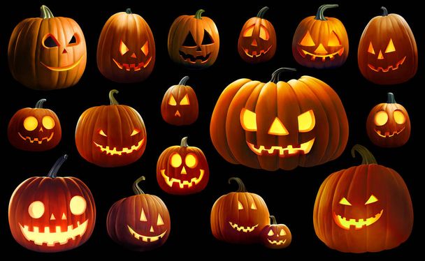 Kolekcja dyń Halloween. Halloween dynie z przerażających uśmiechów i świecące oczy izolowane na czarnym tle. Ilustracja - Zdjęcie, obraz