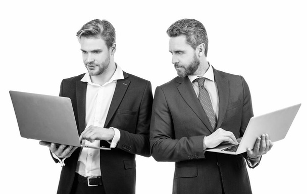 Doing business online. Digital professionals isolated on white. Businessmen work on computers. E-commerce business. Corporate bloggers. Remote work. - Photo, Image