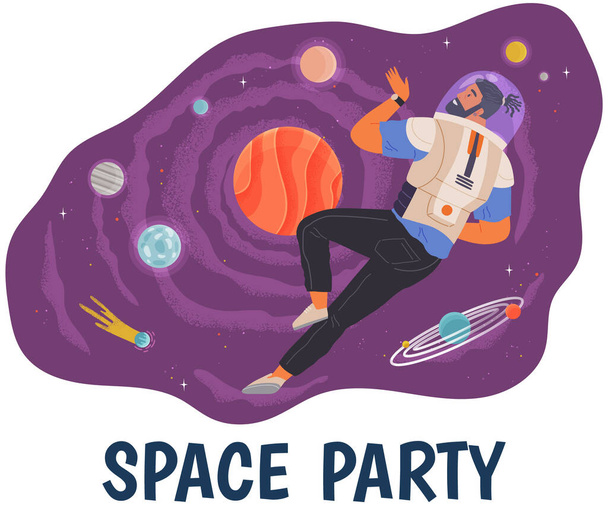 Animators birthday party in cosmic style. Theme party in costumes. Dancing people in costumes have fun at space party. Characters in self made outfits surrounded by cosmic bodies, space disco poster - Διάνυσμα, εικόνα