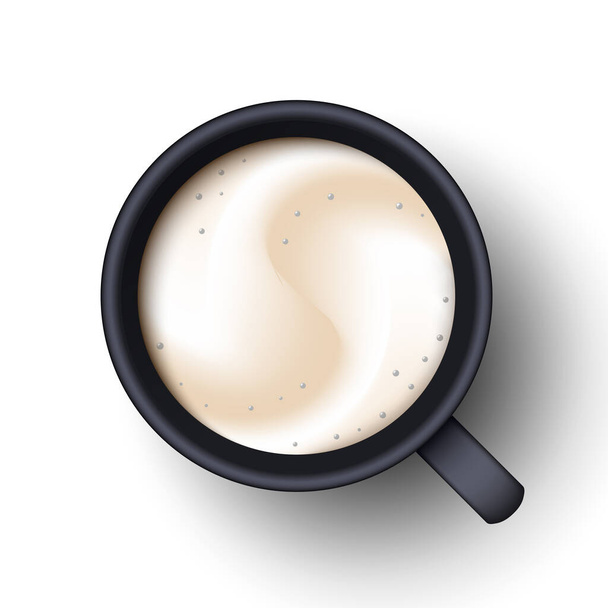 Вид зверху на чашку латте. Реалістичний вектор 3d модель збитих кави в чорній керамічній чашці з тіні ізольовані на білому тлі
 - Вектор, зображення