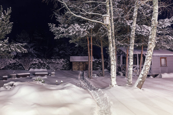 Night in the winter garden. Winter courtyard covered with snow, path from the house to firewood shed - Photo, Image