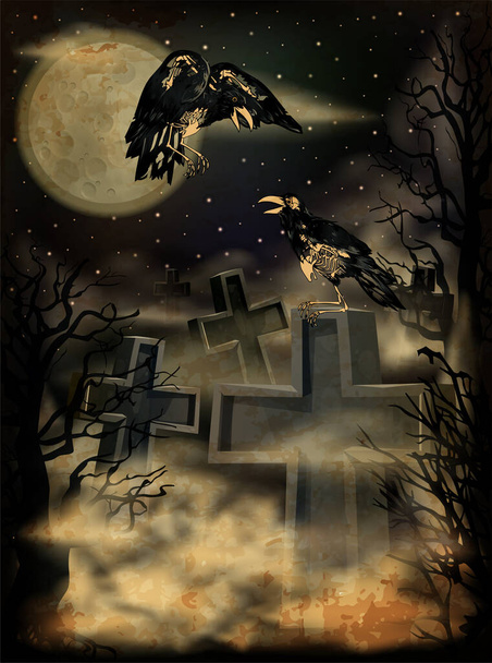 Crow skeleton  in night cemetery, happy halloween invitation card vector illustration - Vector, Image