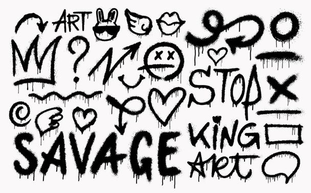 Set of graffiti spray pattern. Vector symbols, heart, art, crown, thunder, devil, arrow with spray texture. Elements black design on white background for banner, poster, decoration, street art and ads - Vector, Image