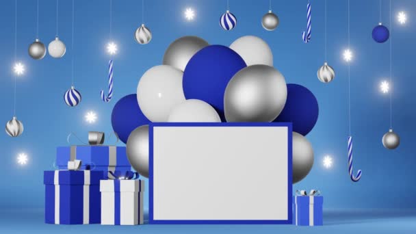 Tarjeta de felicitación de Navidad A4 maqueta de animación 3d Plantilla de marco de imagen en blanco azul caja de regalo de plata bolas de bastón de caramelo globos de copo de nieve. Tienda invierno descuento banner promocional. Año Nuevo Oferta especial Precio 4K - Imágenes, Vídeo