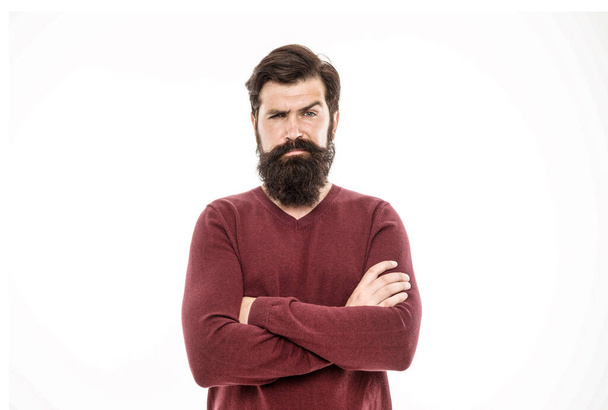 Man with long beard and mustache isolated white background. To grow awesome beard, simply put away your razor and trimmer and wait. Simply required to not shave. Beard hairs grow at different rates. - Fotó, kép