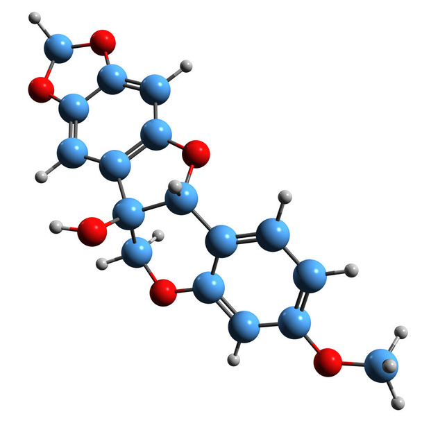 3D изображение формулы пизатинского скелета - молекулярная химическая структура фитоалексина изолированная на белом фоне - Фото, изображение
