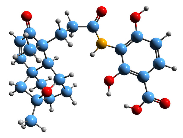  3D изображение скелетной формулы Платензимицина - молекулярная химическая структура метаболита Streptomyces platensis, выделенного на белом фоне - Фото, изображение