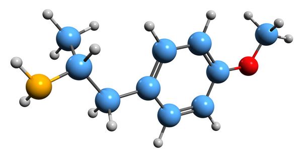 Obraz 3D formuły szkieletowej PMA - molekularna struktura chemiczna narkotyku para-metoksyamfetamina izolowana na białym tle - Zdjęcie, obraz