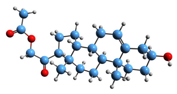 Imagem 3D da fórmula esquelética do acetato de Prebediolone estrutura química molecular do esteroide sintético do pregnane isolado no fundo branco - Foto, Imagem