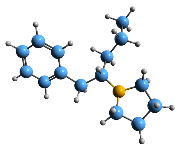  3D-зображення скелетної формули Пролінтану - молекулярна хімічна структура стимулятора ізольована на білому тлі
 - Фото, зображення