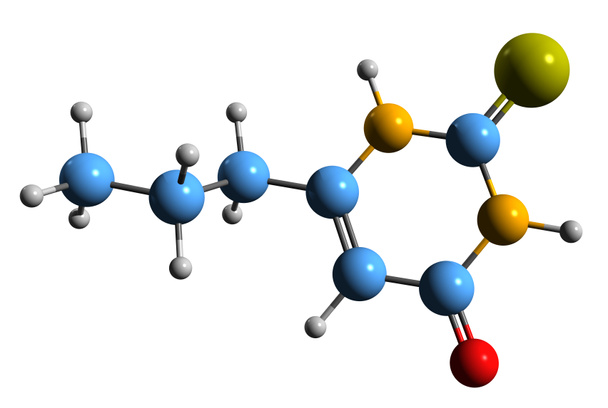  Obraz 3D wzoru szkieletowego Propylthiouracil - molekularna struktura chemiczna leków na nadczynność tarczycy izolowanych na białym tle - Zdjęcie, obraz