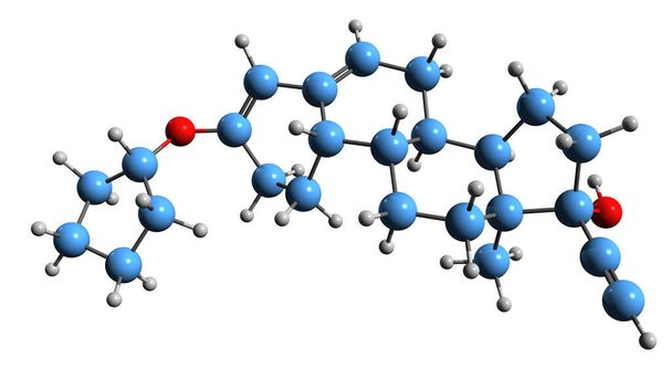 3D зображення квінгестанол скелетної формули - молекулярна хімічна структура норетистерону 3-циклопентилового ефіру, ізольована на білому тлі. - Фото, зображення