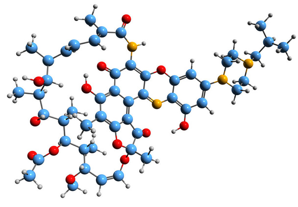  Imagem 3D da fórmula esquelética de Rifalazil estrutura química molecular do antibiótico isolado no fundo branco - Foto, Imagem