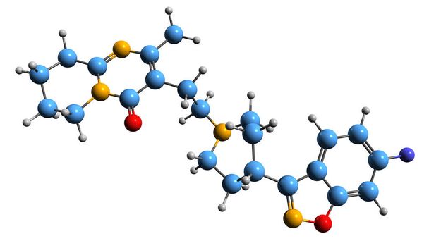 3D εικόνα σκελετικού τύπου ρισπεριδόνης - μοριακή χημική δομή άτυπης αντιψυχωτικής που απομονώνεται σε λευκό φόντο - Φωτογραφία, εικόνα