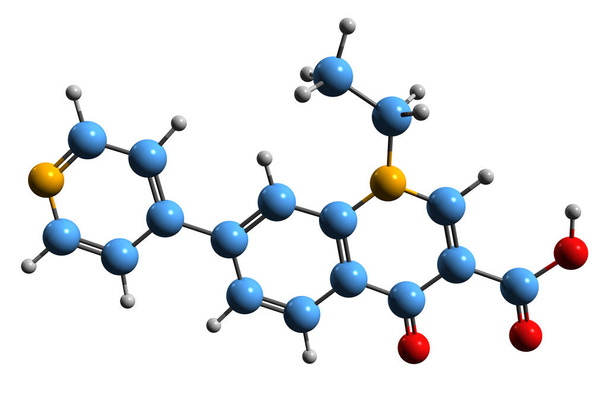 Rosoxacin iskelet formülünün 3 boyutlu görüntüsü - beyaz arkaplanda izole edilmiş quinolone antibiyotiğinin moleküler kimyasal yapısı - Fotoğraf, Görsel