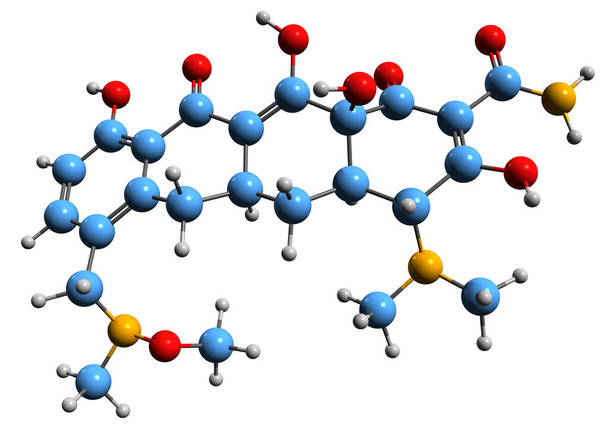 Imagen 3D de la fórmula esquelética de Sarecycline - estructura química molecular del antibiótico derivado de tetraciclina de espectro estrecho aislado sobre fondo blanco - Foto, imagen